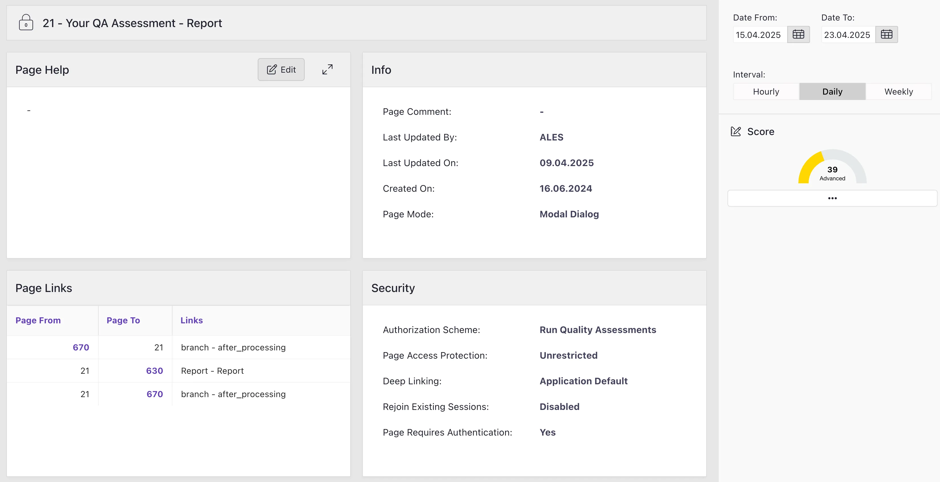 Page dashboard: Page help, details, links and securit