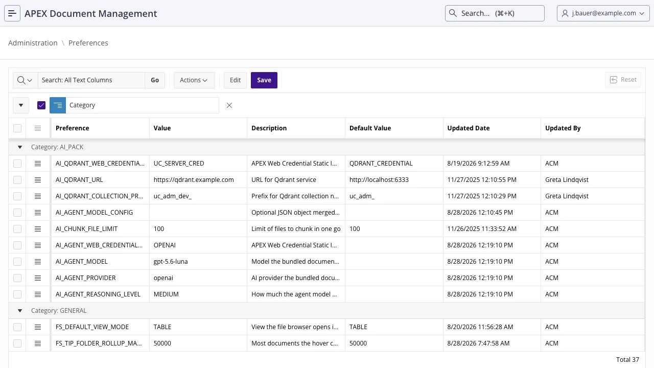 The settings, grouped by category