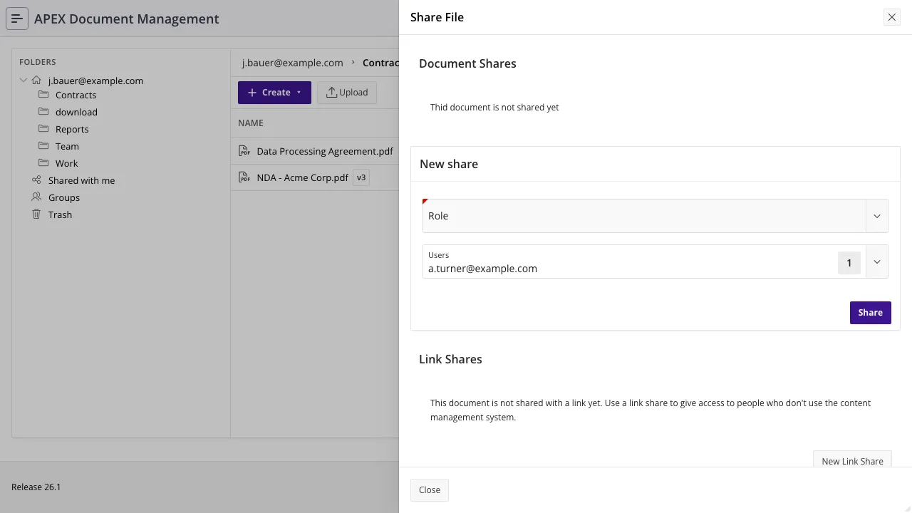 The Share File dialog with a user and a permission chosen