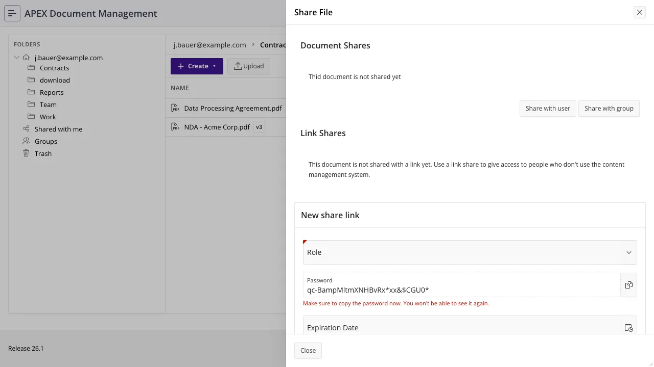 The link share form, with its password and expiry date