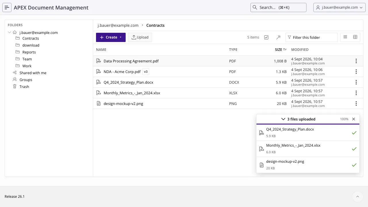The upload panel over the file browser, listing the files it sent