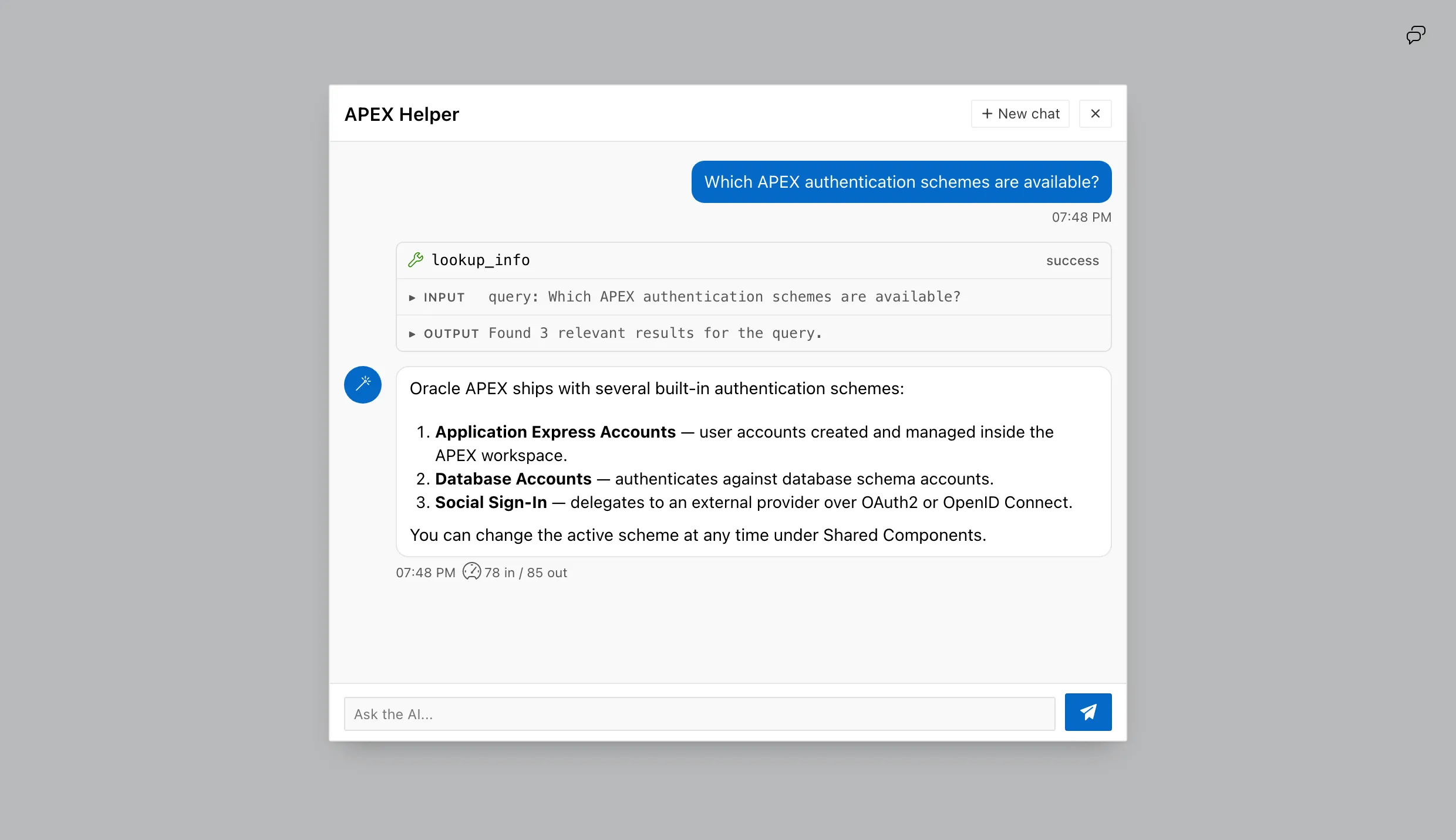The chat as a dialog above a page: a card with the title, a close button, the conversation, and the message box, with the launcher button in the top right corner of the page