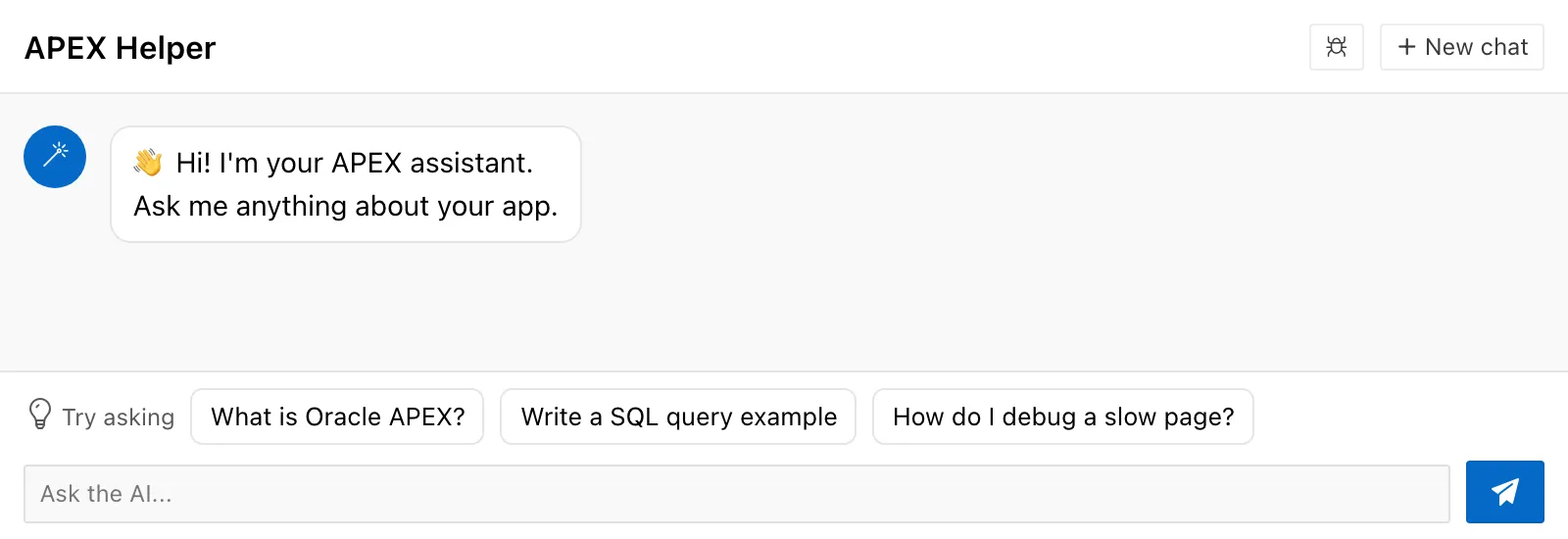 An empty UC AI chat region: the title APEX Helper, a welcome message next to the assistant avatar, and a row of three outlined suggested-prompt buttons labelled "Try asking" directly above the message box