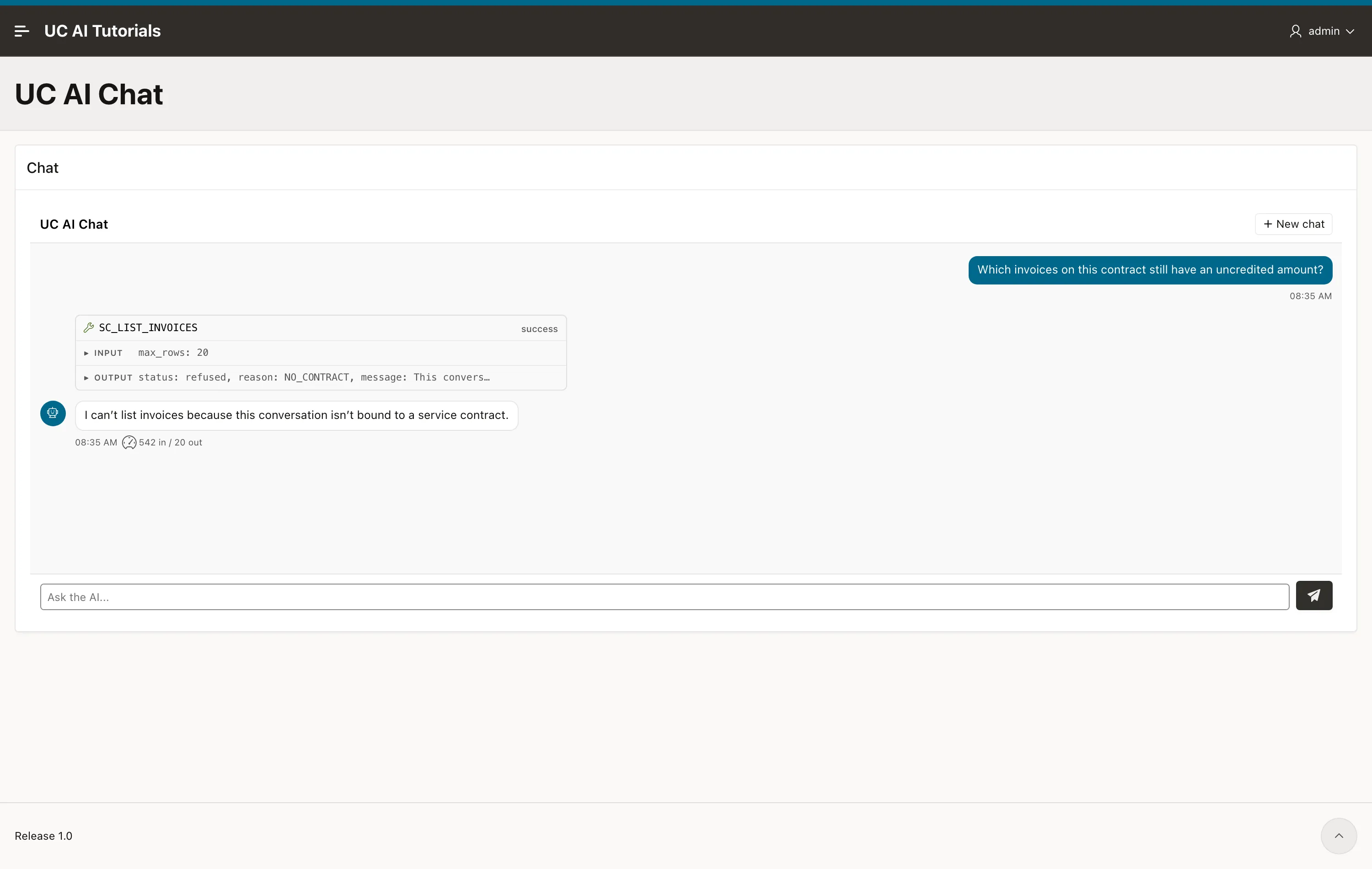 The chat region on an APEX page. The question is at the top right. Below it a tool call named SC_LIST_INVOICES with the result status refused and reason NO_CONTRACT, then the answer of the assistant.