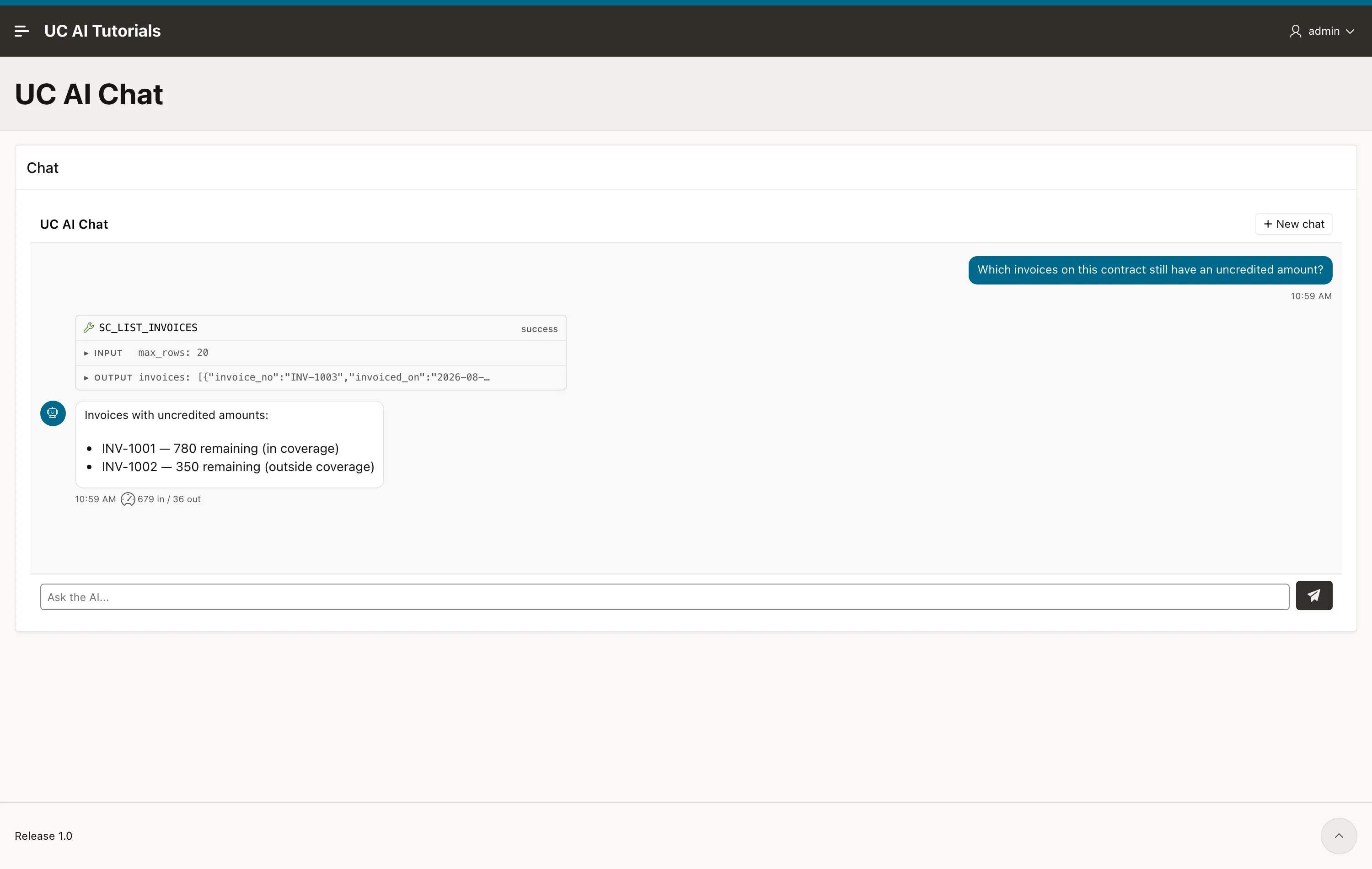 The chat region on an APEX page, showing the question, a tool call named SC_LIST_INVOICES that succeeded, and an answer listing invoice INV-1001 and invoice INV-1002 with their remaining amounts.